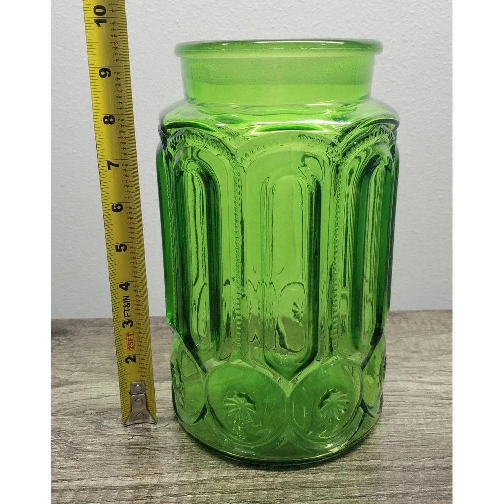 L.E. Smith Moon & Stars Green Glass Apothecary Canister 9.5 Large Jar NO LID EUC